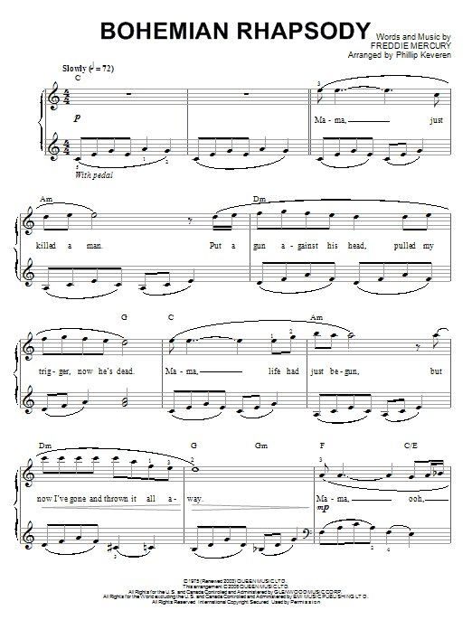 easy piano sheet music bohemian rhapsody pdf